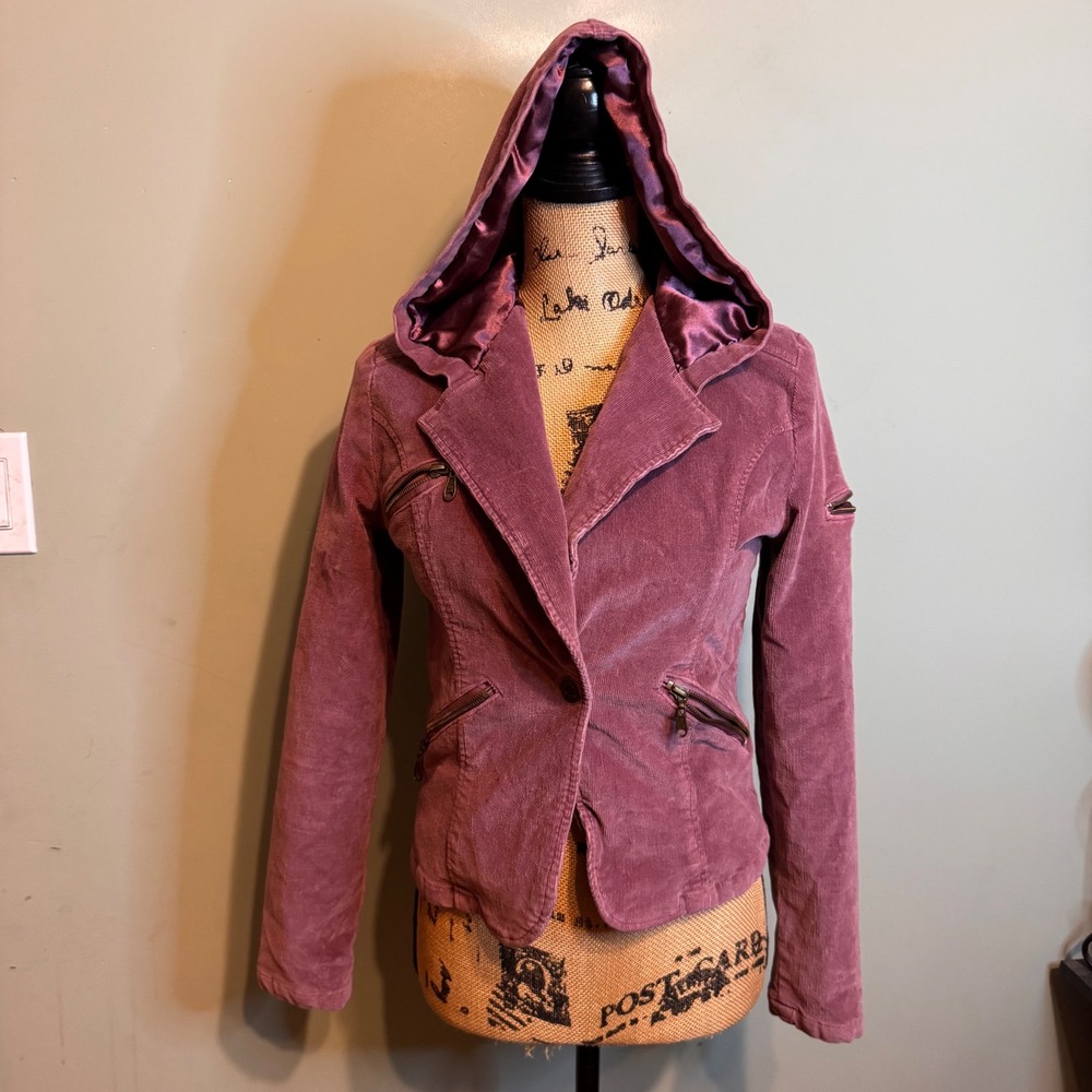 Dollhouse Womens Mauve Purple Corduroy Hooded Moto Blazer Jacket Size M Y2K - Picture 6 of 8
